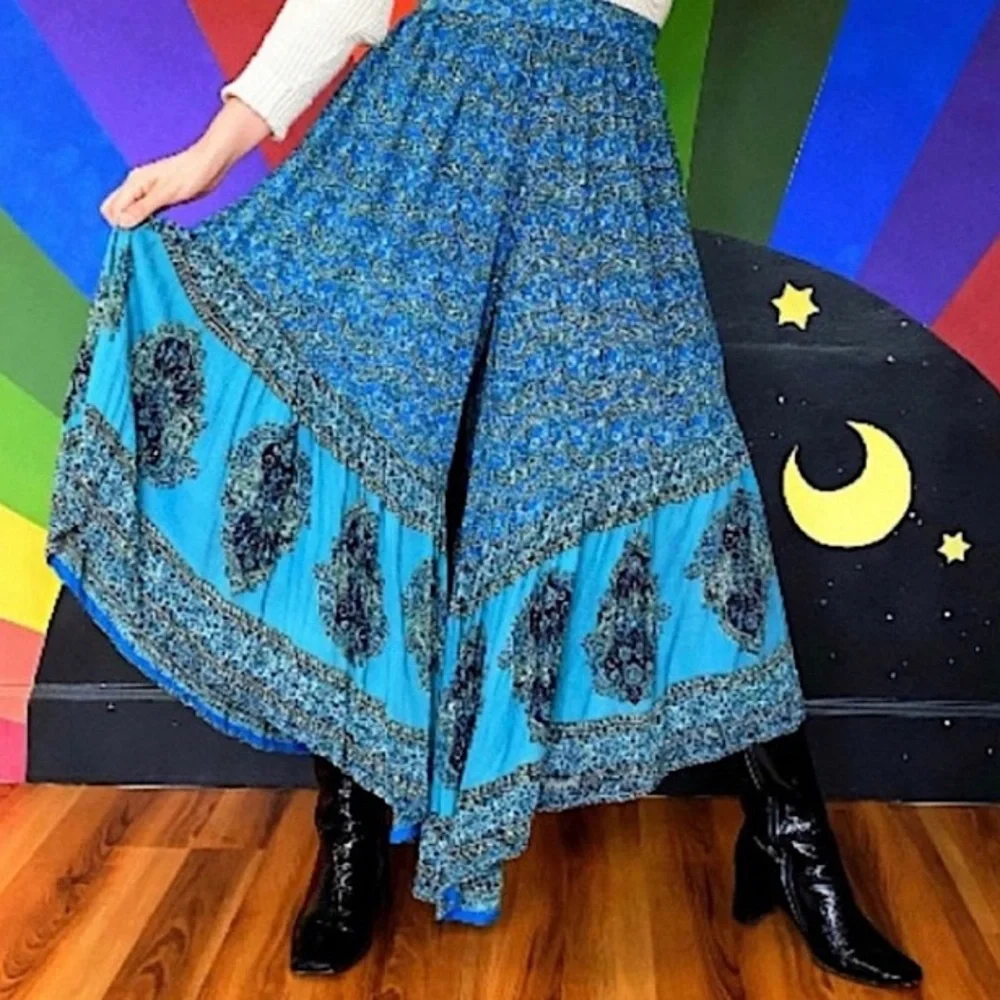ANGIE Pants Skirt Wide Leg Boho Blue Green Black Rayon Flowy Hi Lo Size Small
